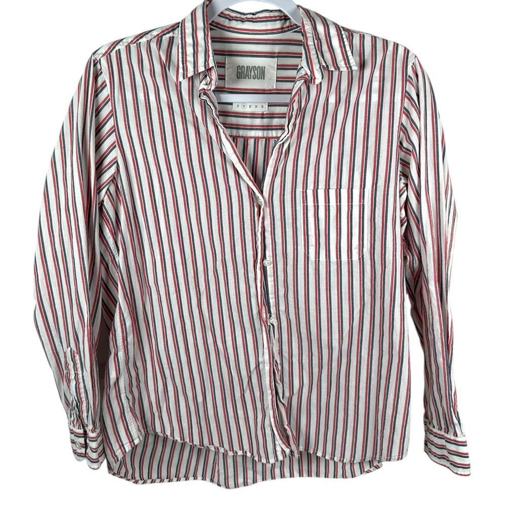Grayson Anthropologie The Hero White Red Black Striped Cotton Button Shirt Small